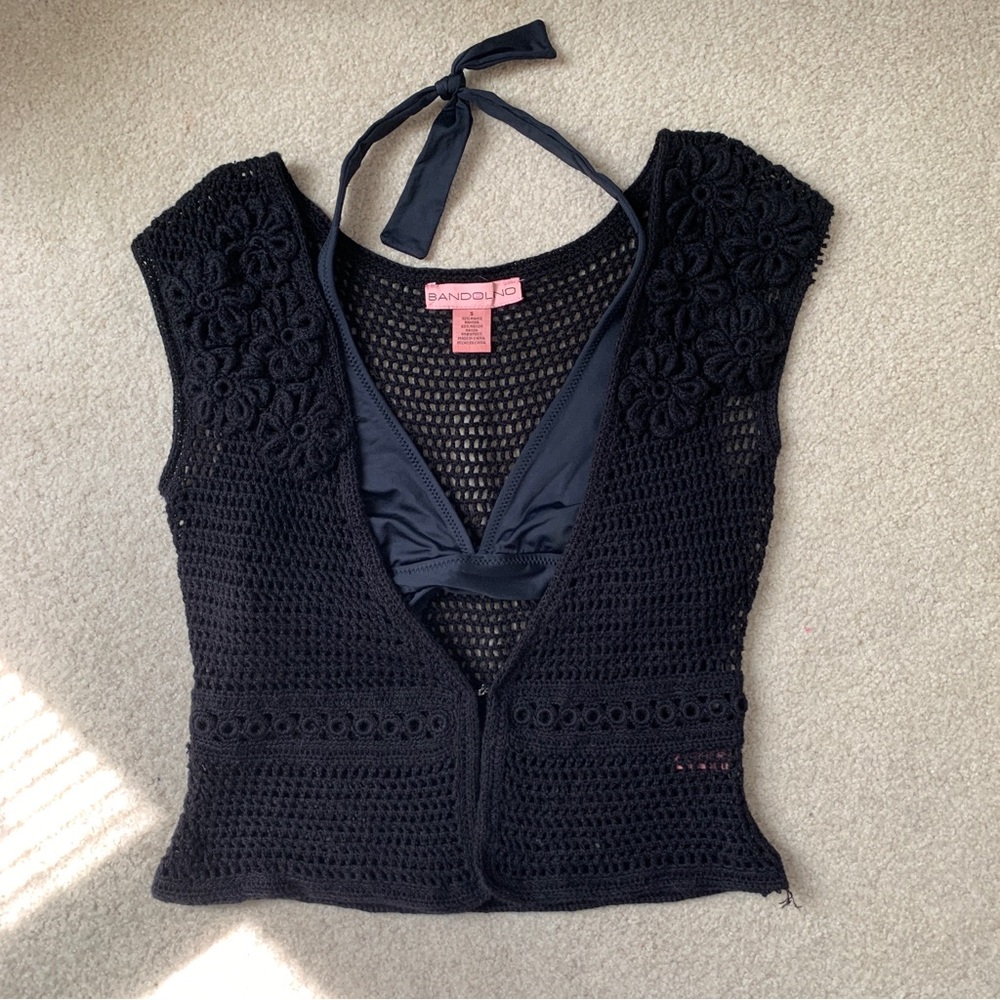beachy black crochet floral cardigan top